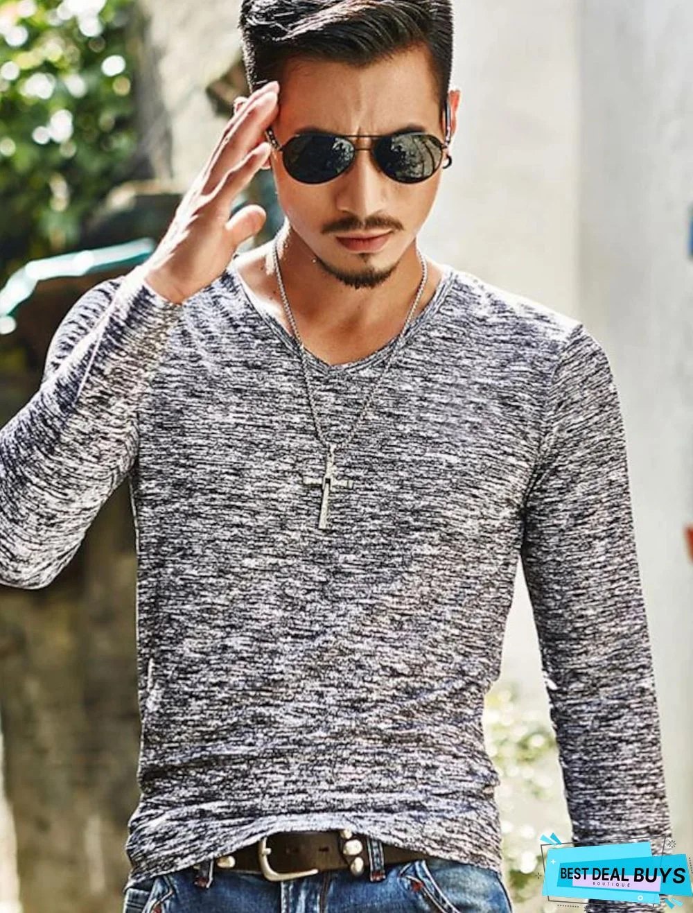 Men's T-Shirt Graphic Solid Colored Print Long Sleeve Daily Slim Tops Basic V Neck Blue Fuchsia Black / Fall / Spring