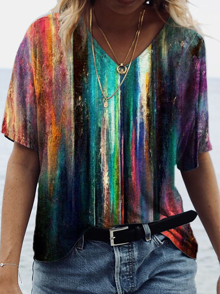 Colorful Striped Graffiti Art V Neck T Shirt wearshes