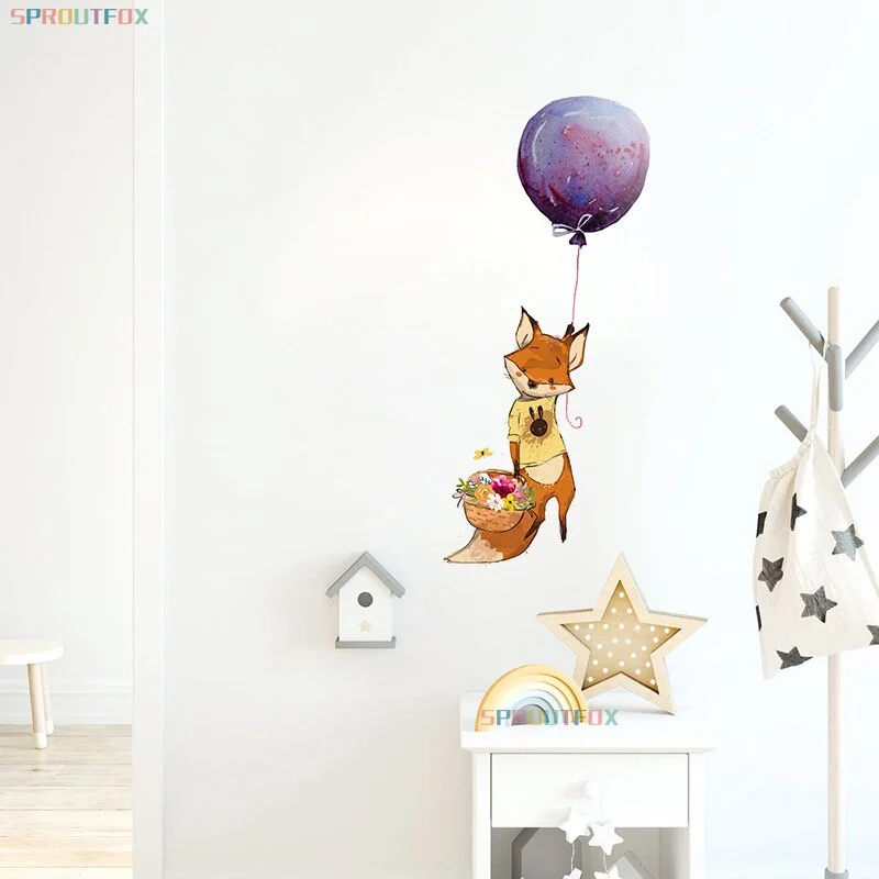 Clever Animal Fox Squirrel with Colorful Ballon Bedroom Wall Stickers for Wall Decoration Kid Rooms Door Stickers Waterproof