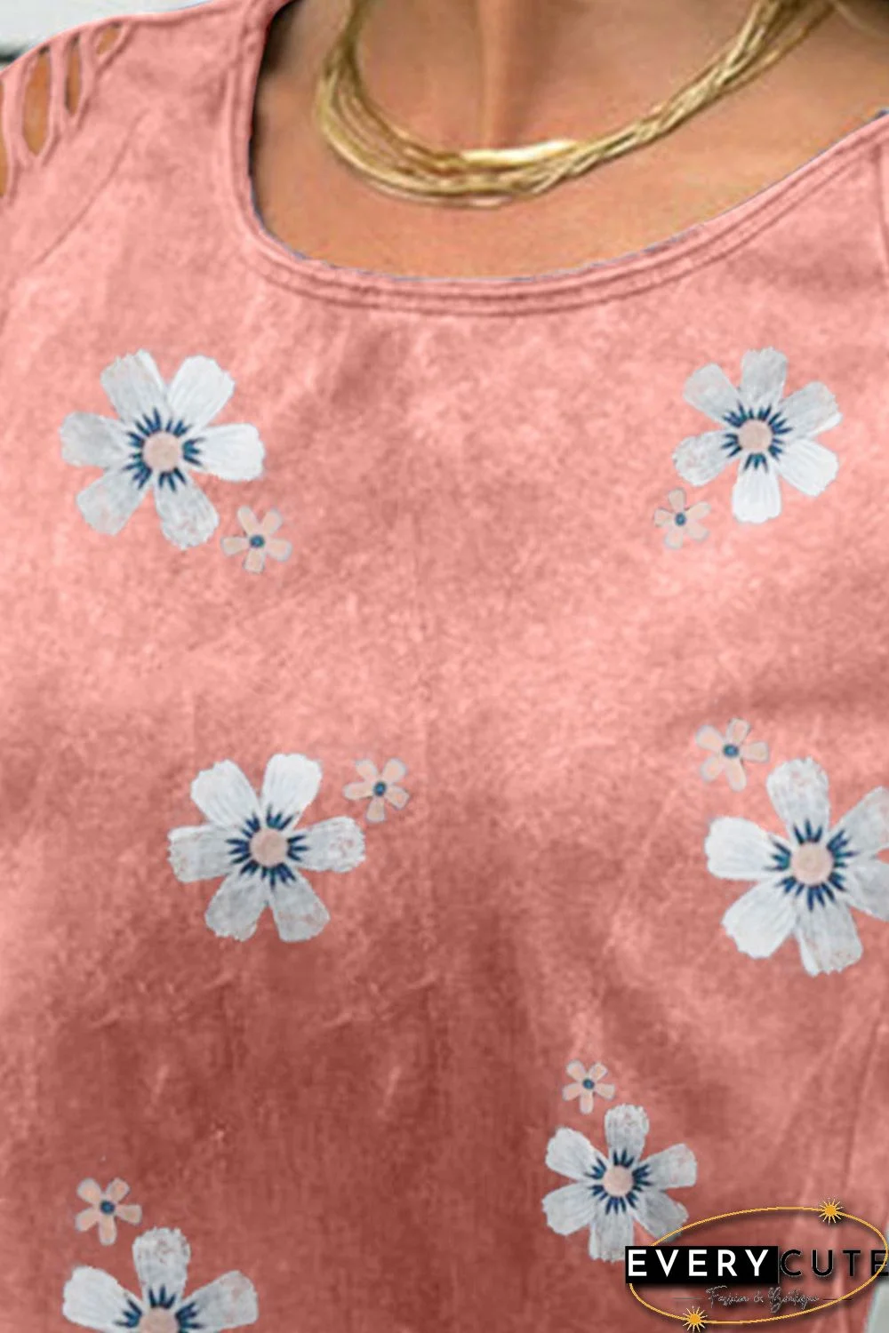 Red Floral Print Cut Out Short Sleeve T Shirt