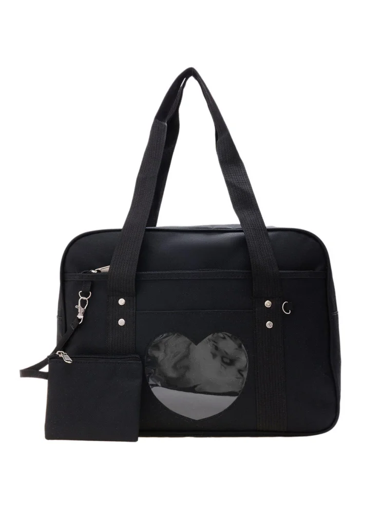 Fashion Women Clear Patchwork Shoulder Bag Canvas Travel Handbags (Black)