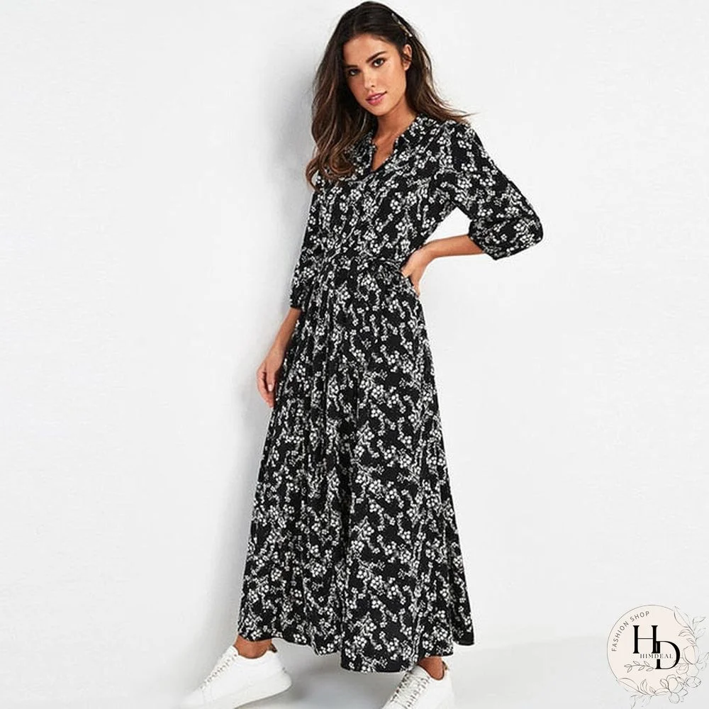 Aachoae Vintage Floral Print Maxi Dress Women Boho Three Quarter Sleeve Long Dress Turn Down Collar Casual Shirt Dresses Robe