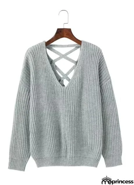 V Neck Solid Color Long Sleeve Knit Sweater