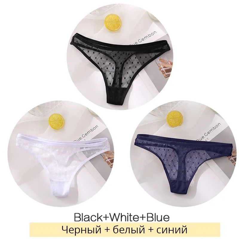 FINETOO Sexy Lace Thongs Women 3Pcs/set Transparent G-string Panties Dots Lace T-back Underwear Fashion Female Underpants M-XL