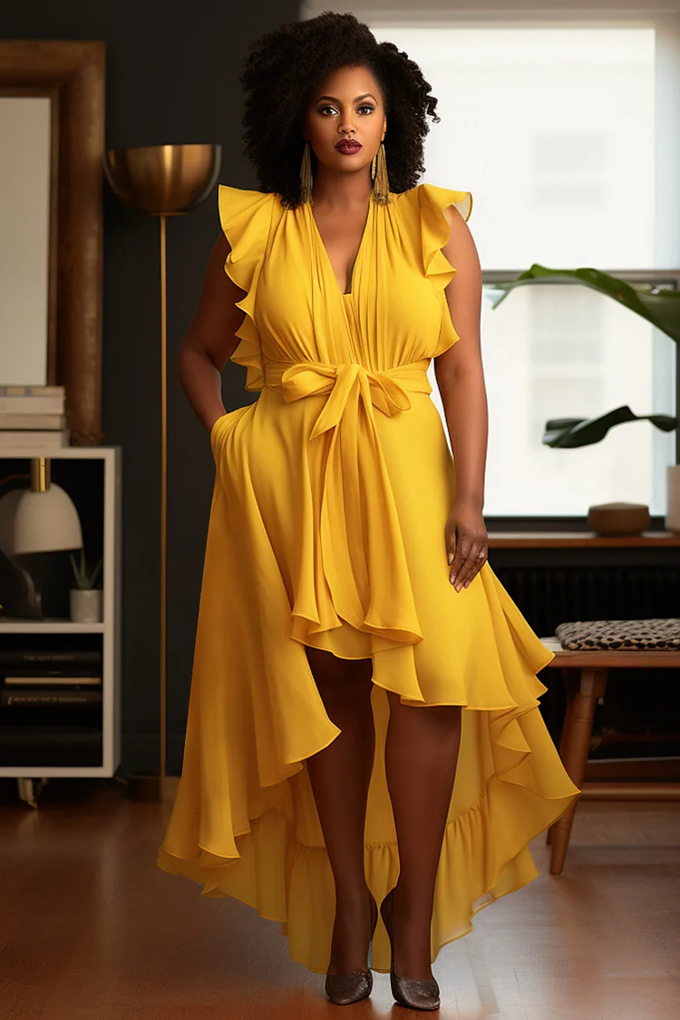 Xpluswear Design Plus Size Vacation Yellow Sundress V Neck Pocket Ruffle High Low Hem Midi Dresses [Pre-Order] 2024 - Xpluswear