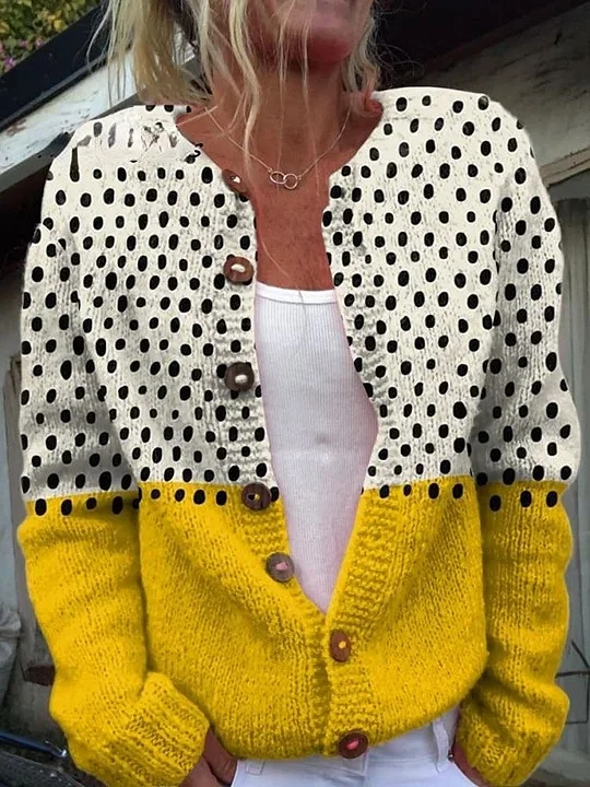 Yellow Geometric Polka Dots Print Buttoned Cardigan Sweater