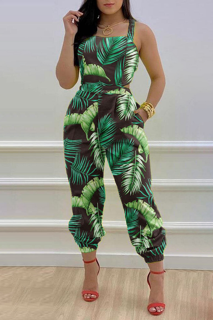 Leafy Print Wide Strap Crossover Backless High Waist Jumpsuit-White