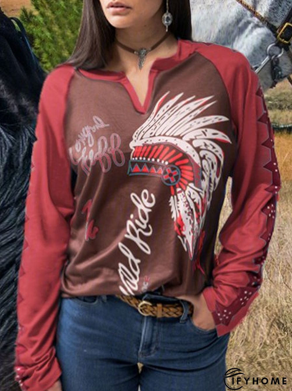 Color Block Crew Neck Cotton-Blend Blouse | IFYHOME