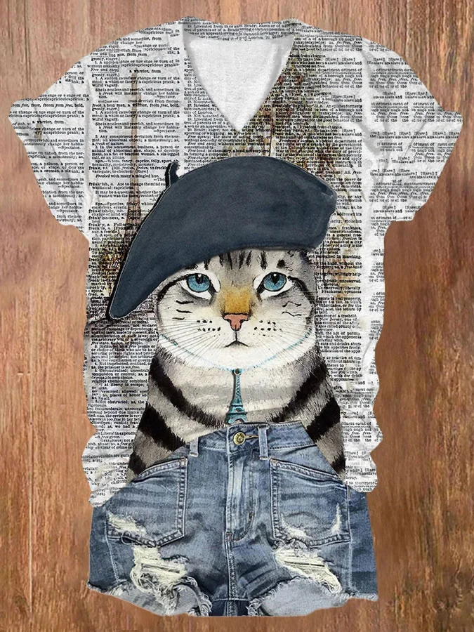 Women's Charming French Cat In Paris Print V Neck T-Shirt