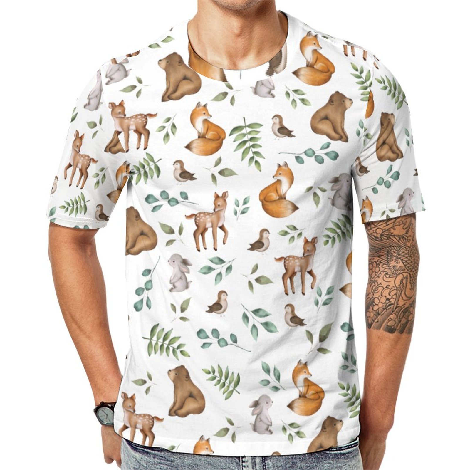 Forest Fable Woodland Animals Greenery Short Sleeve Print Unisex Tshirt Summer Casual Tees for Men and Women Coolcoshirts