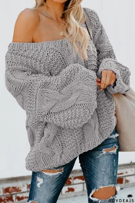 Gray Bubblegum V-Neck Braided Knit Sweater