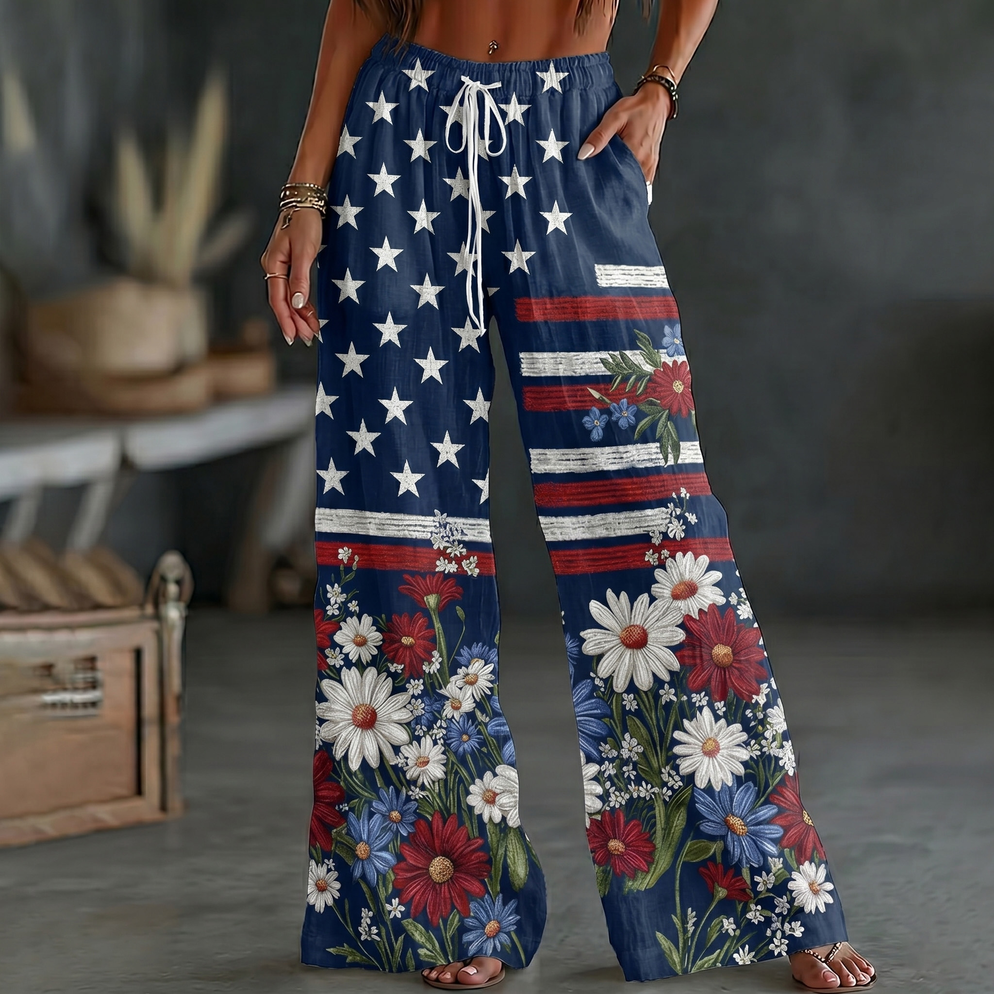  Women's Vintage Independence Day Flag Flower Art Print Wide Leg Linen Pants Westsshops