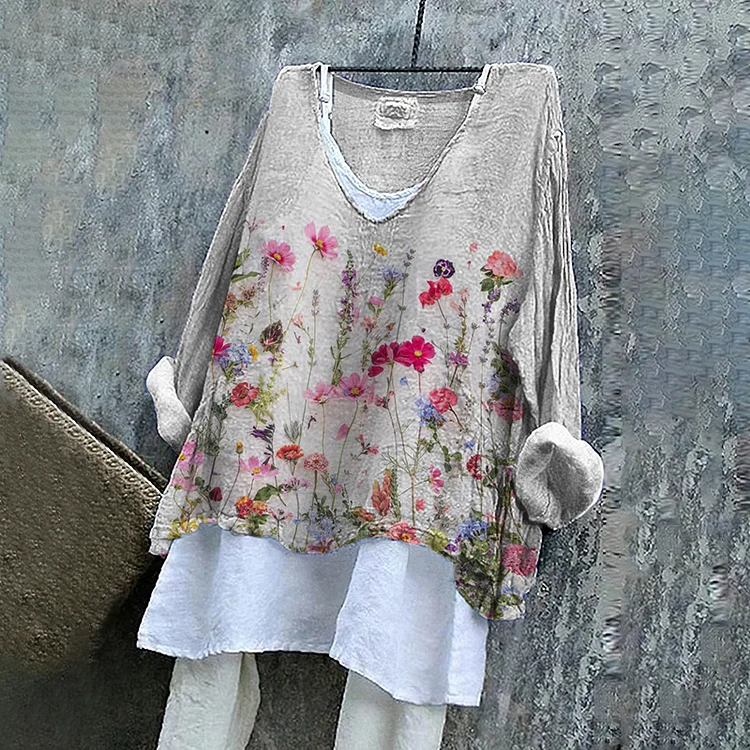 Comstylish Vintage Floral Art V Neck Comfy Shirt