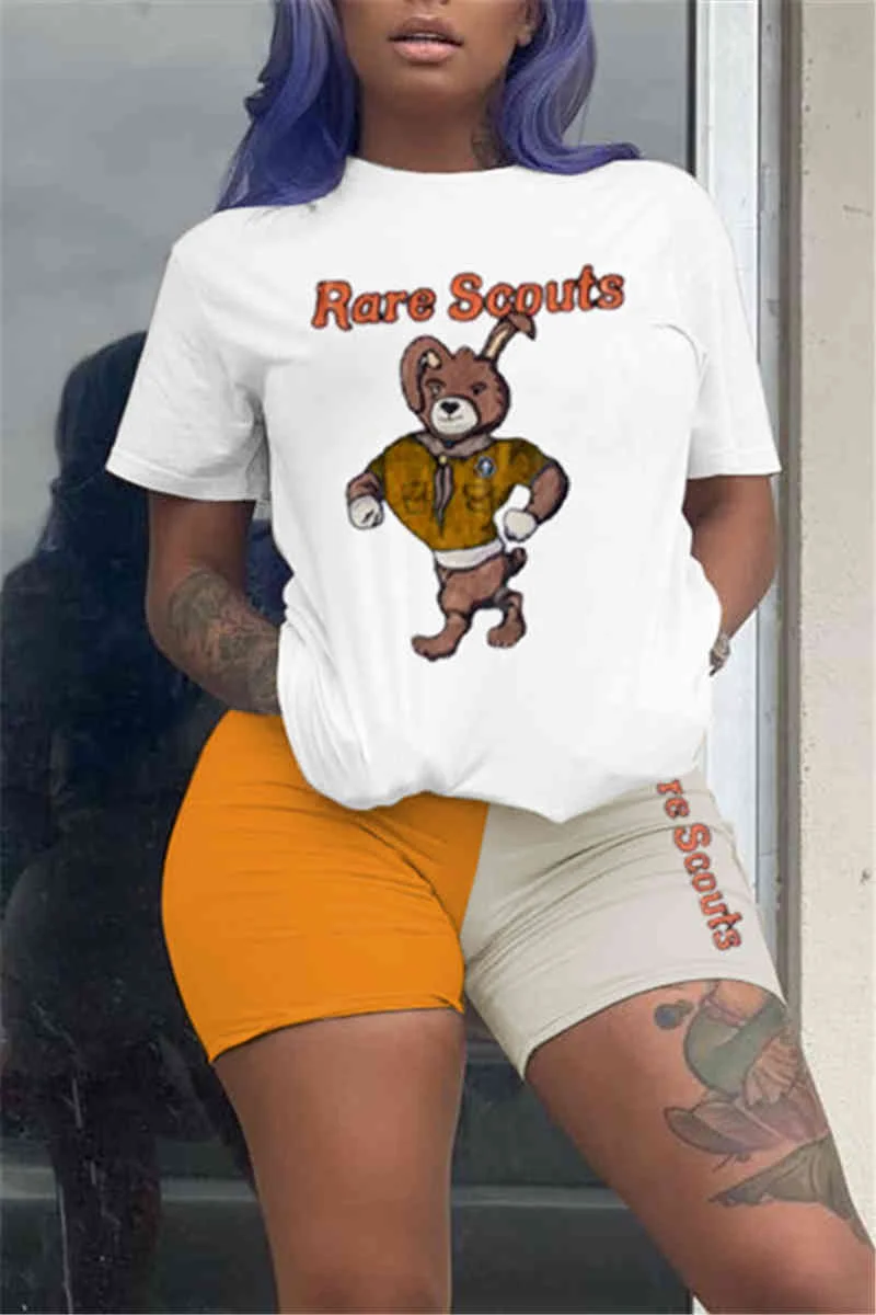 OrangeGray Fashion Cartoon Print T-shirt Patchwork Shorts Set | EGEMISS