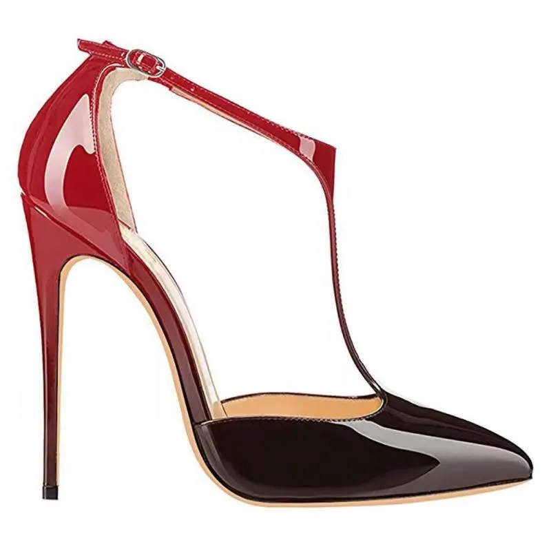 120mm Womens T-Strap Pumps High Heels Red Black Patent Pumps-vocosishoes
