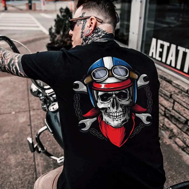 Locomotive Repair Skull And Helmet Black Print T-shirt