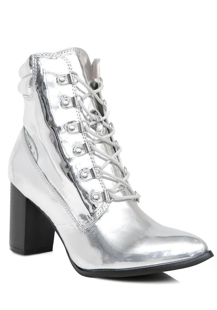 Silver Mirror Leather Lace-Up Chunky Heel Ankle Boots Vdcoo
