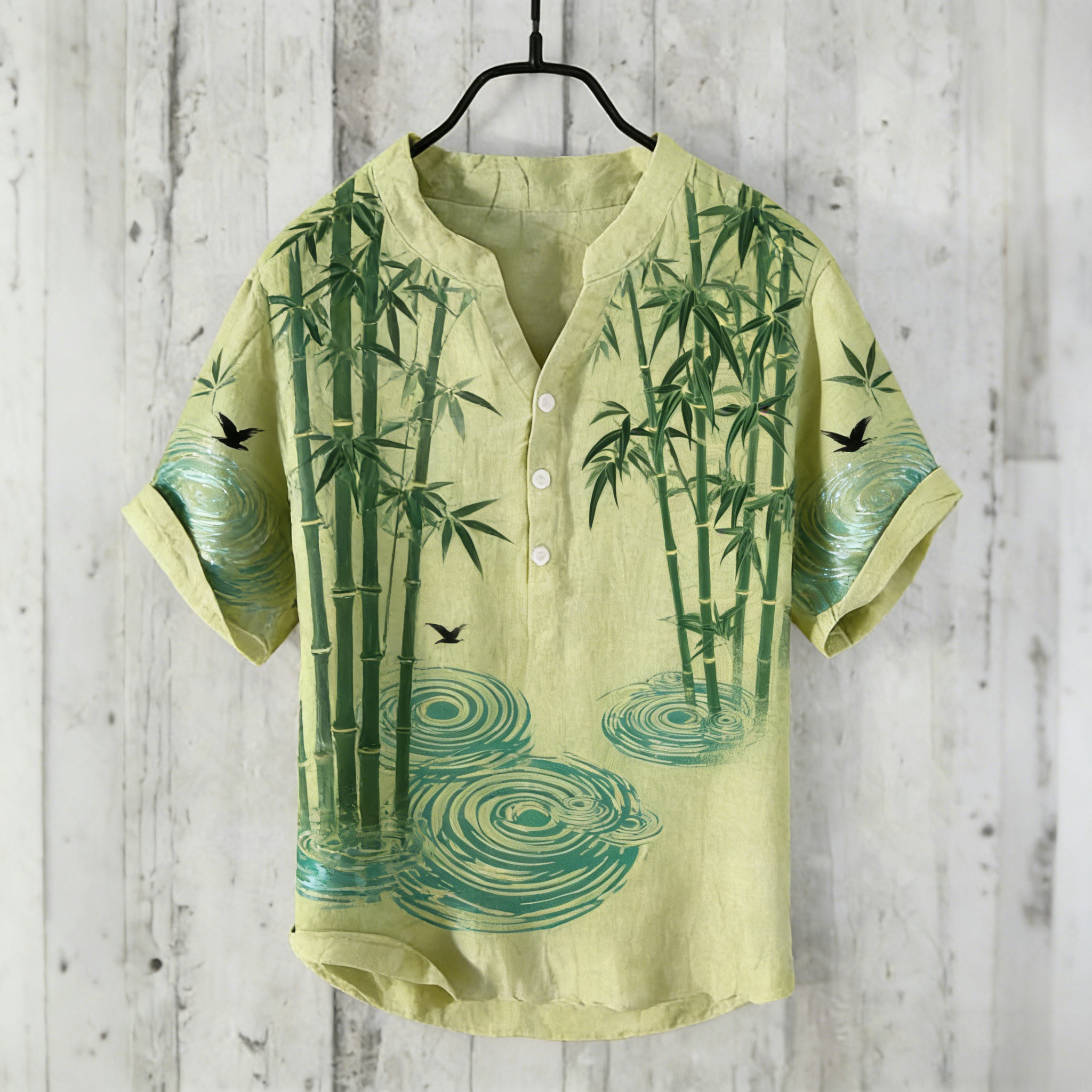 Comstylish Men's Japanese Retro Bamboo Water Ripple Pattern Casual Linen Short-sleeve Shirt