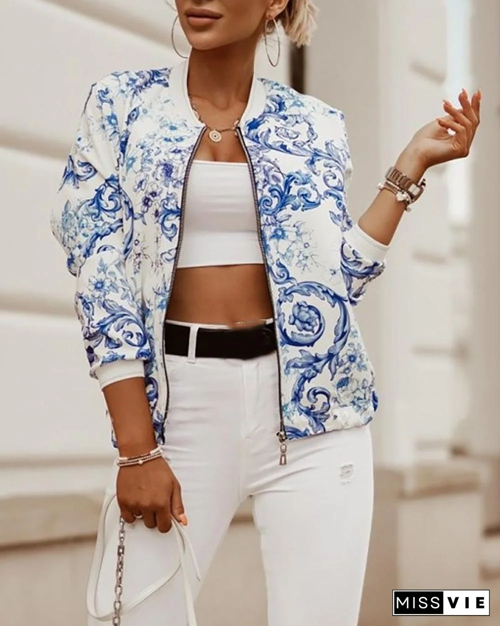 Colorblock/Floral/Leaf Print Zipper Decor Coat