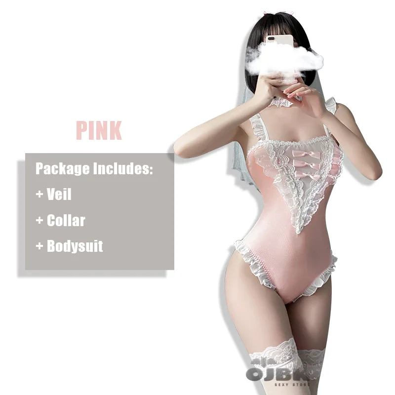 Billionm Sexy Bride Cosplay Costumes 3pcs Veil Collar Bodysuit Pink Kawaii Outfit For Female Lace Porno Maid Lingerie Set 2021 New 0676