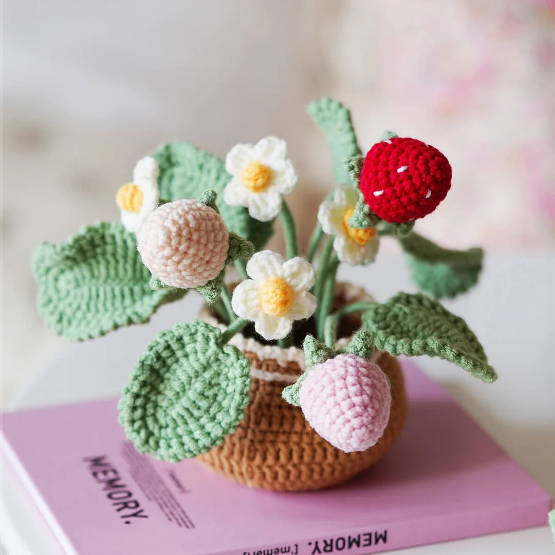 Mewaii Crochet Kits Crochet Strawberry Flowers Bouquets Crochet Kit with Easy Peasy Yarn