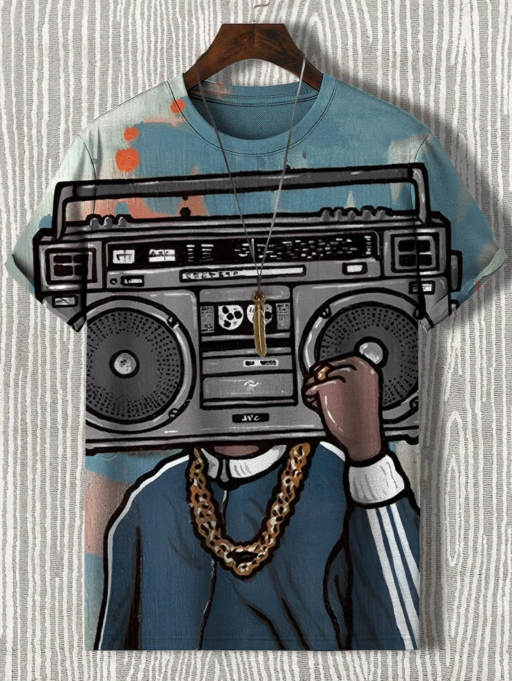Men's Retro Boombox Speakers Music Boy Art Print Casual T-Shirt
