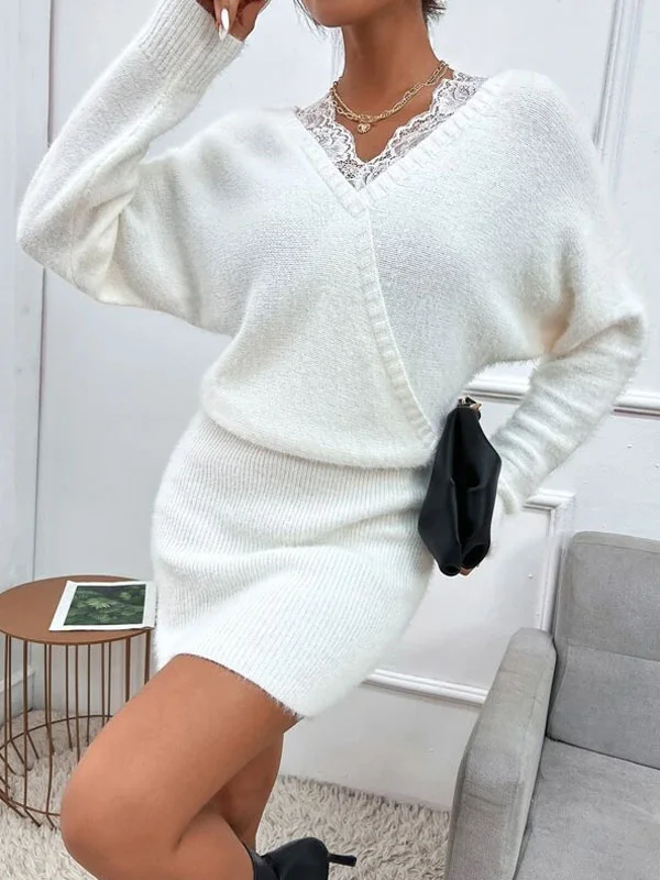 Lace Trim Overlap Collar Dolman Sleeve Sweater Dress