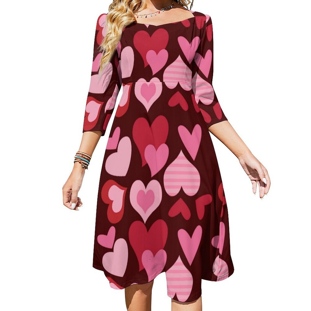 Hearts On Dark Red Background For Valentines Da Dress Sweetheart Tie Back Flared 3/4 Sleeve Midi Dresses