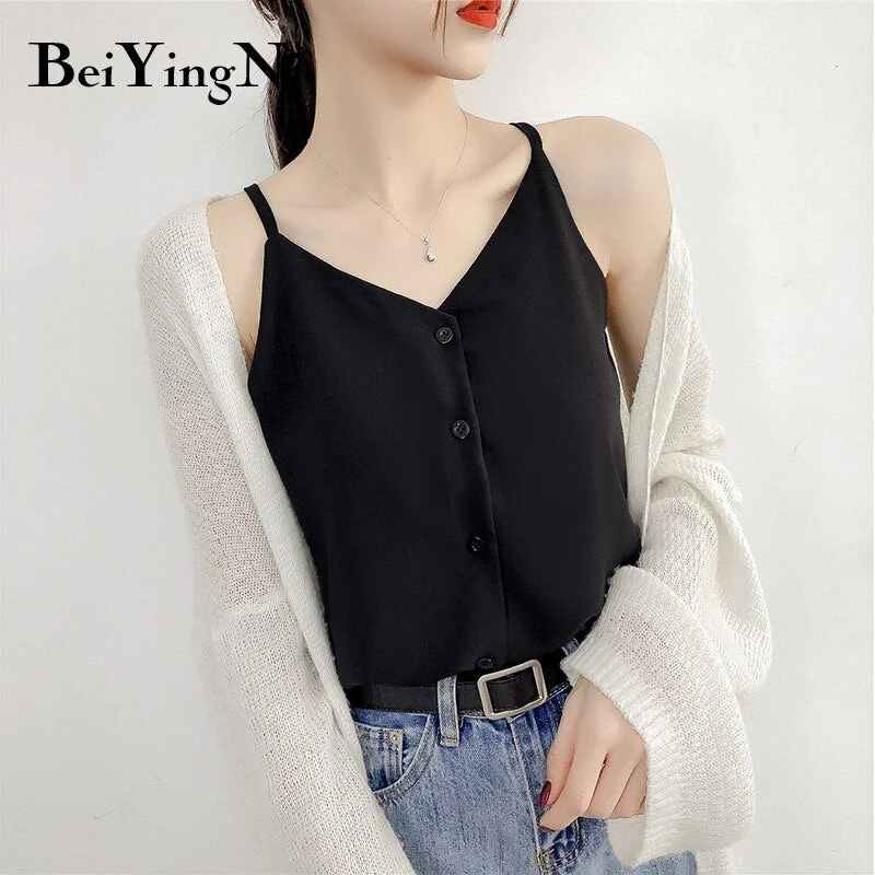 Beiyingni Casual Loose Buttons Top Tank Women 5Colors Sexy High Street Strap Chiffon Female T Shirt All-match Soft Camis Clothes