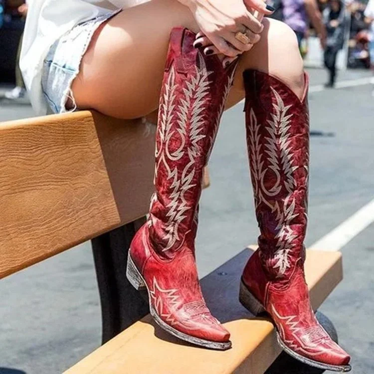 Knee High Western Cowboy Boots Pointed Toe Cowgirl Boots Vintage Country Boots  Stunahome.com