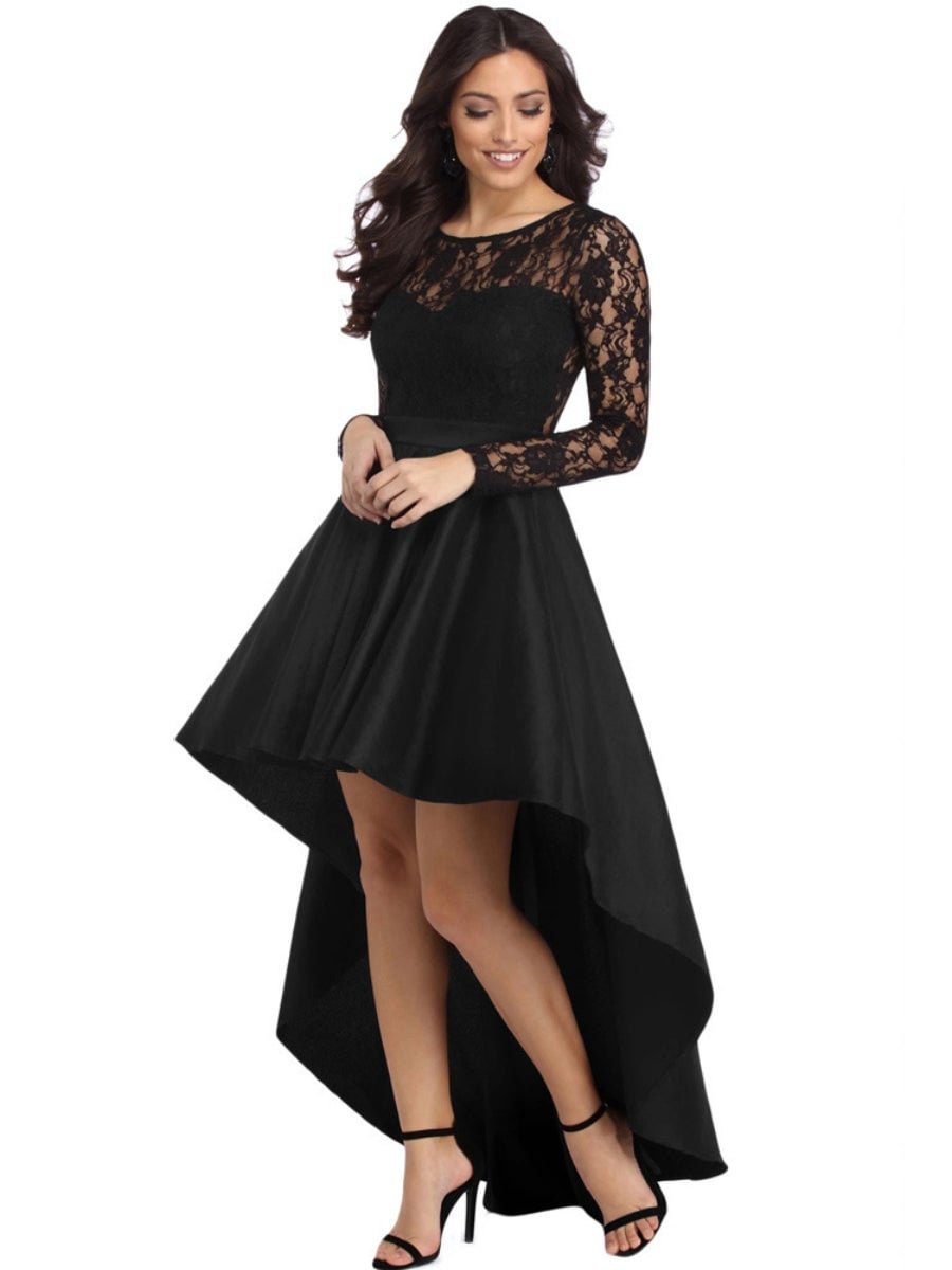 Homecoming Dress Satin Lace Floral Long Sleeve Party High Low Gown
