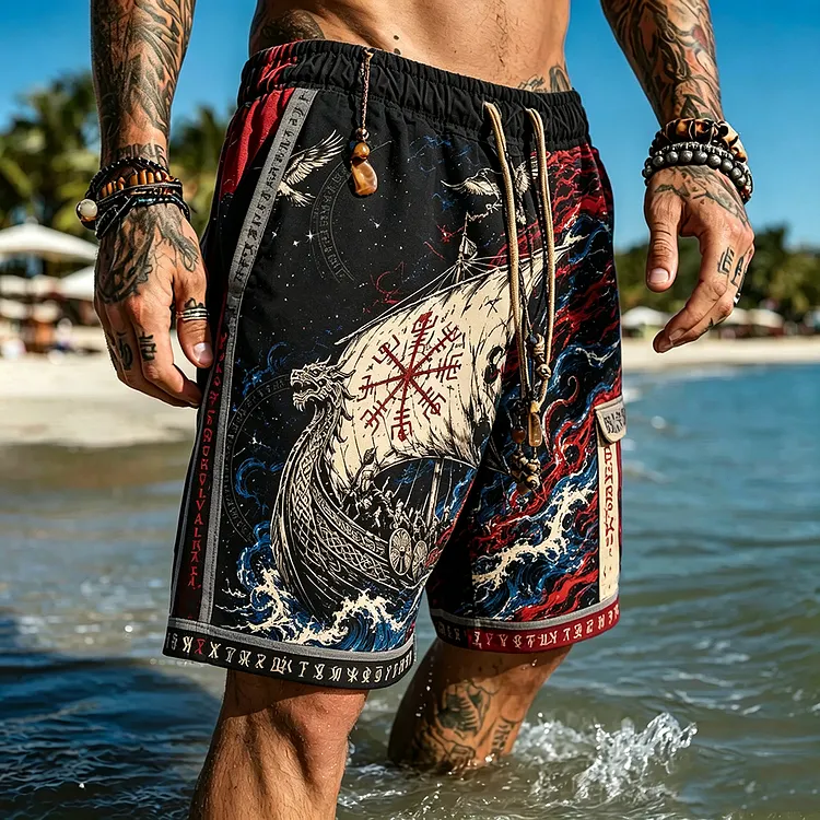 Men's Retro Viking Rune And Sail Art Pattern Casual Shorts
