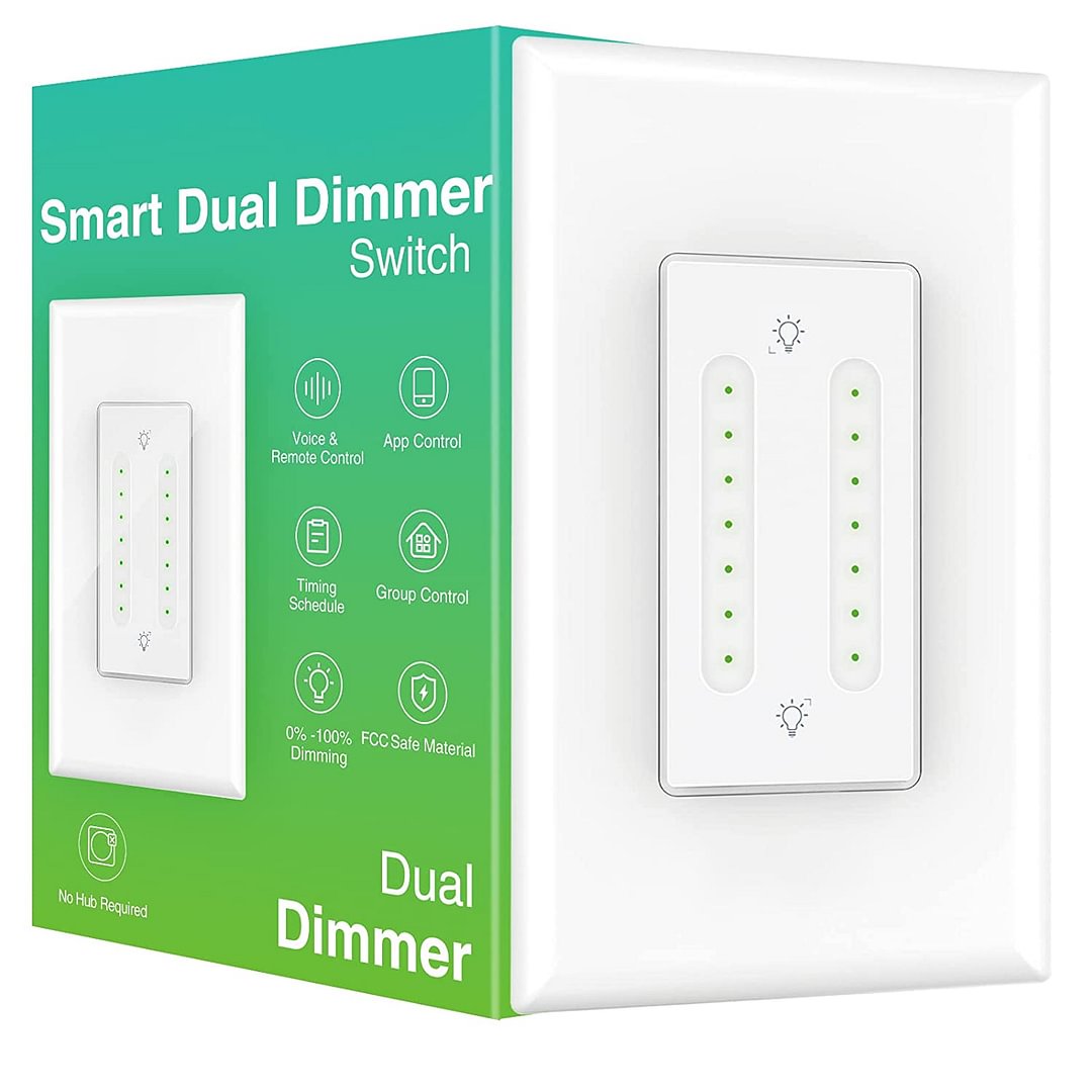 Smart Dual Dimmer Compatible with Alexa and Home, WiFi Smart Light Switch with Timer Remote and Voice Control, Neutral Wire Required