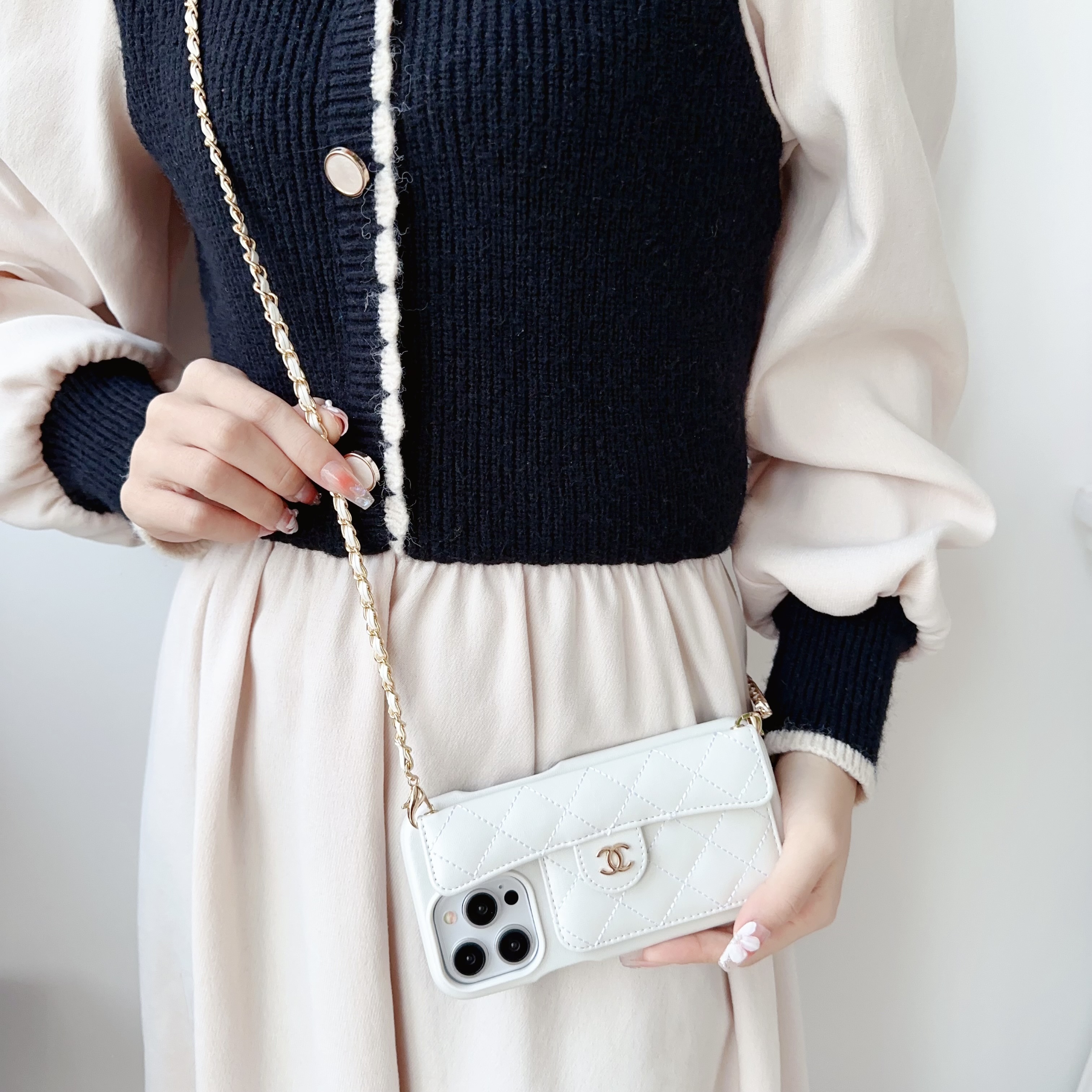 Chanel Official Hand Chain Cardholder Leather iPhone Case Crossbody Cord