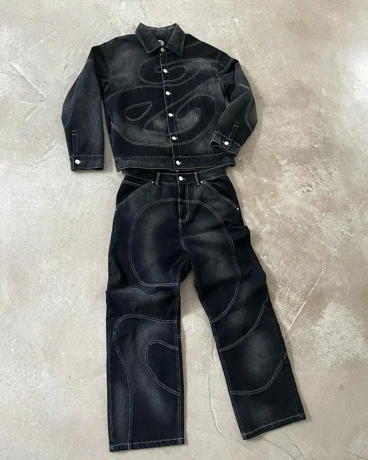 Aonga Retro Gothic Tracksuit Men New Y2k Jeans Men Clothes Oversized Striped Pattern Jacket Sweatpants Two Piece Set Clothes for Men aonga