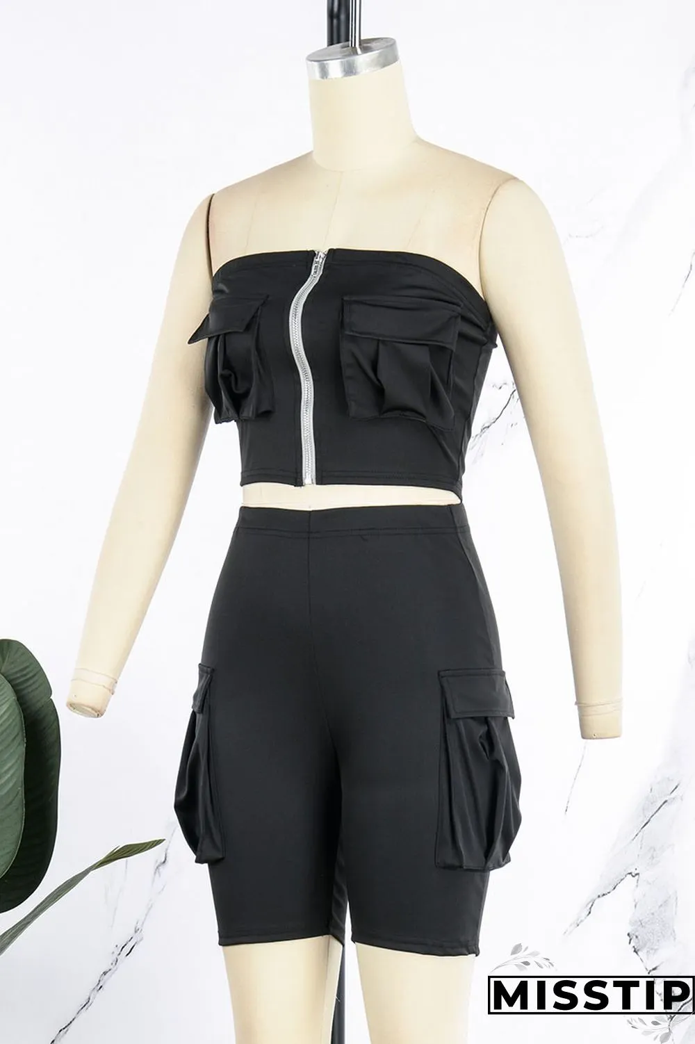 Dark Khaki Street Patchwork Pocket Zipper Strapless Sleeveless Two Pieces