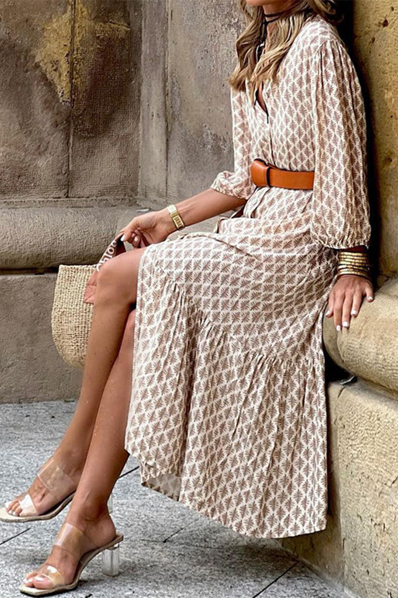 V-Neck Long Sleeve A-Line Dress with Belt
