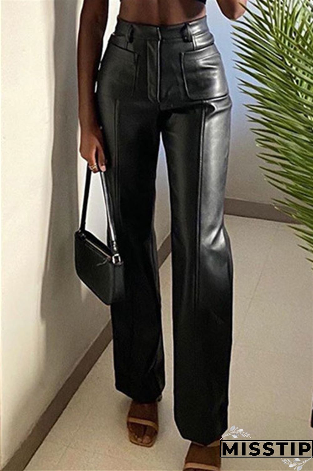 Black Fashion Casual Solid Patchwork Regular High Waist Trousers