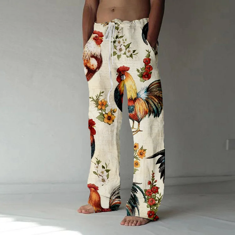 Farm Chicken & Flowers Graphic Printed Casual Pants