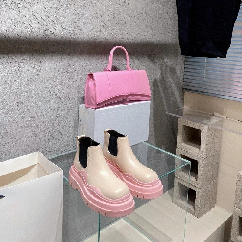 Fall Women's Platform Boots 2022 Thick Bottom Color Avocado Green Martin Boots Casual Female Mid Chesil Boots Women Pink Boots