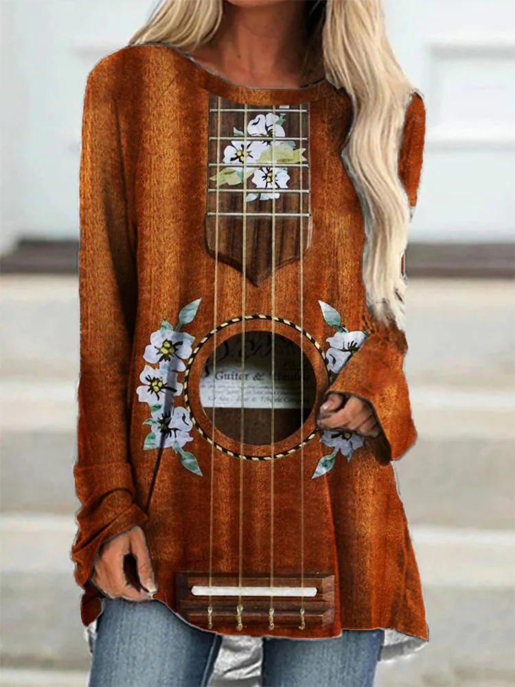 Vintage Floral Painted Guitar Inspired A Line T Shirt