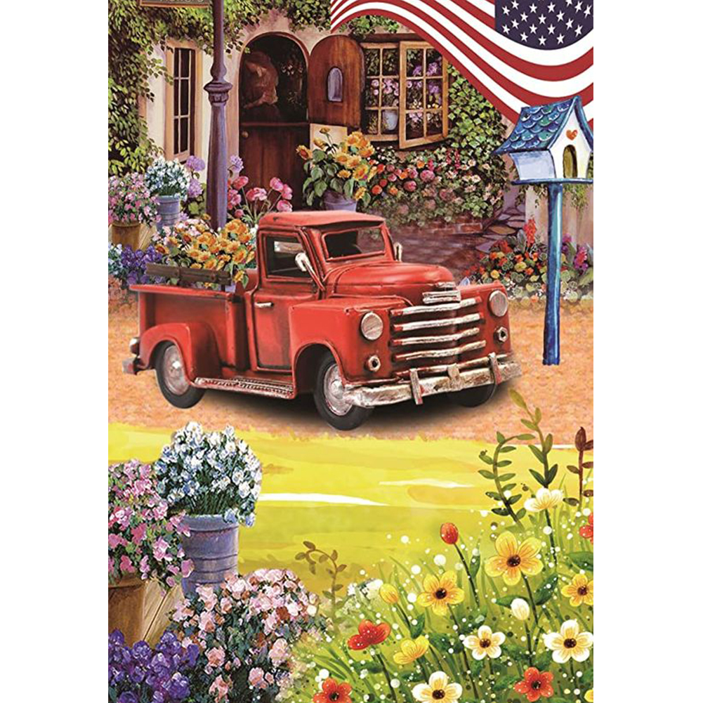 

30*40CM - Round Drill Diamond Painting - Red Car American Flag, 501 Original