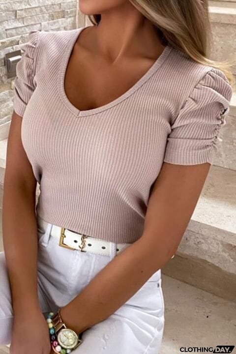 Puff Sleeve V-Neck Ribbed Top