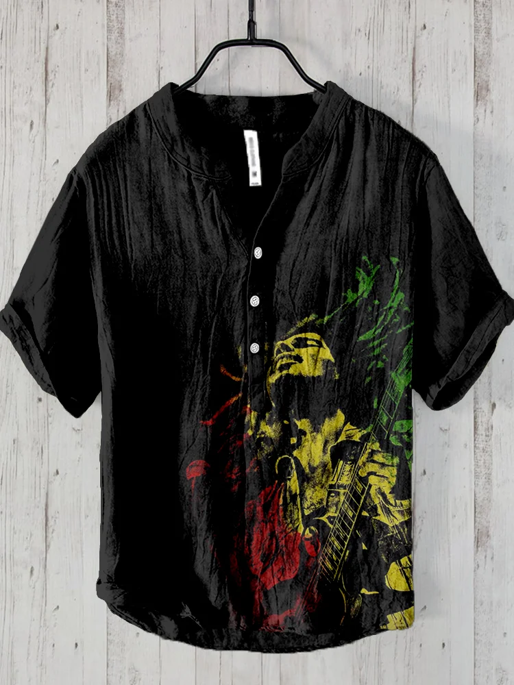 Men's Reggae Art Print Linen Blend Cozy Shirt