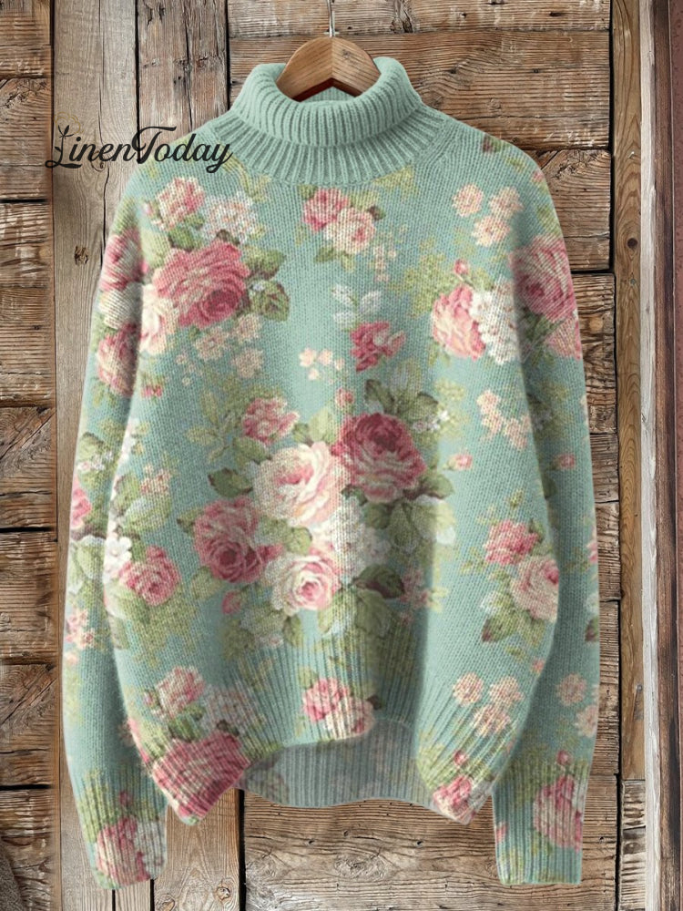 Fresh Retro Flowers Print Knit Turtleneck Pullover Sweater Multicolor / S