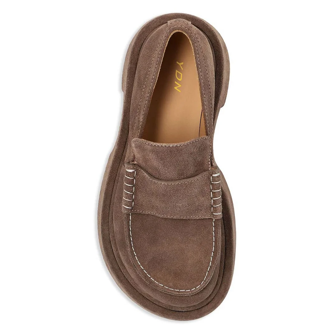 Comfortable Vegan Suede Round Toe Shoes Platform Loafers in Brown