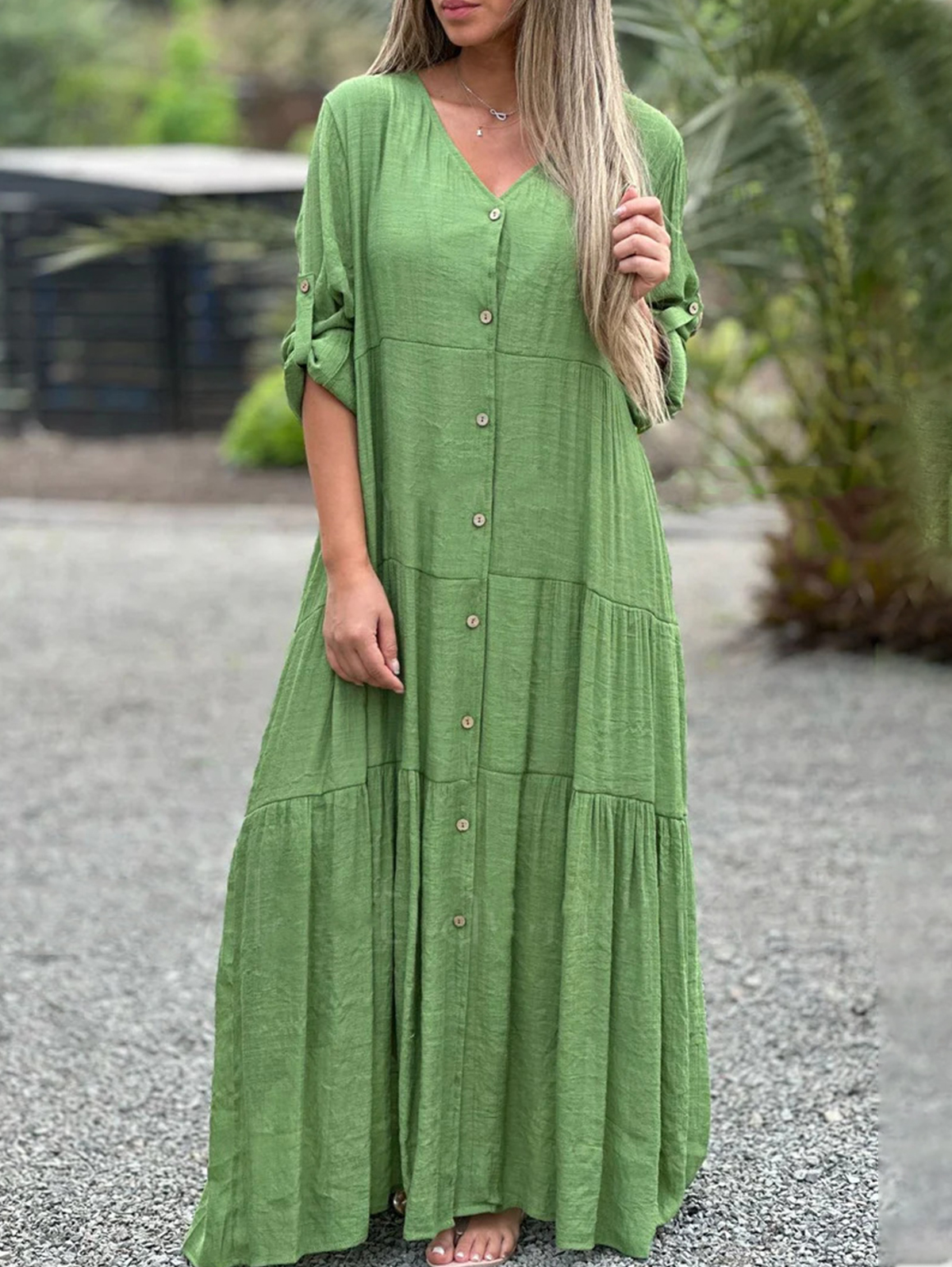 V Neck Button Up Roll Tab Tiered Maxi Dress