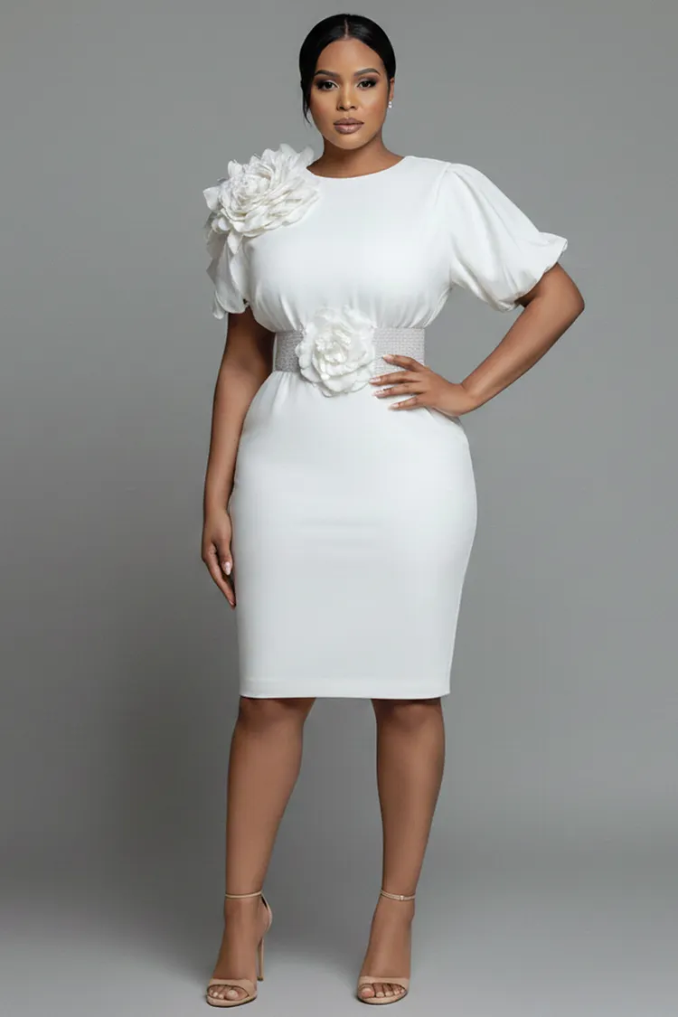 Xpluswear Design Plus Size Cocktail Party White Round Neck Short Sleeve 3D Midi Dresses [Pre-Order] 2024 - Xpluswear