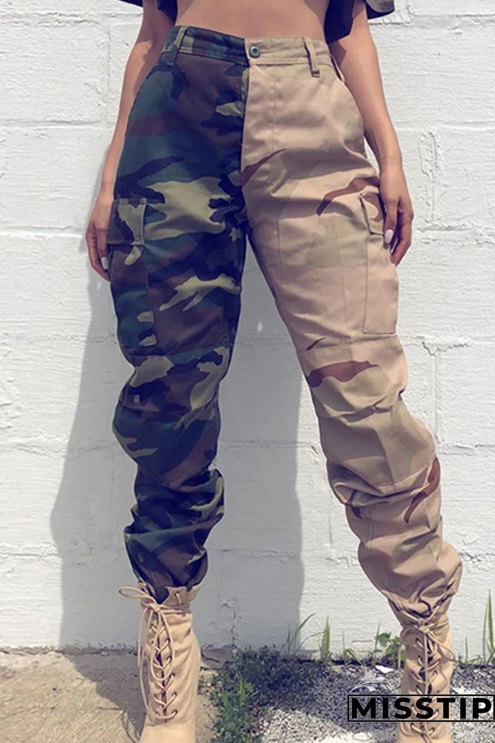 Army Green Fashion Casual Camouflage Print High Waist Patchwork Trousers