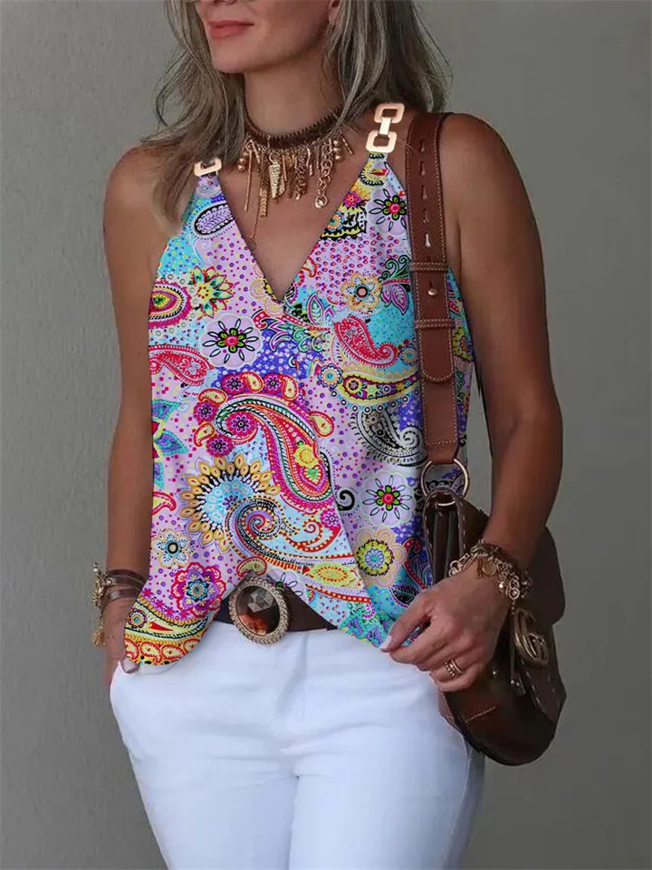 Women's Summer Simple V-neck Metal Buckle Printed Small Undershirt Tops
